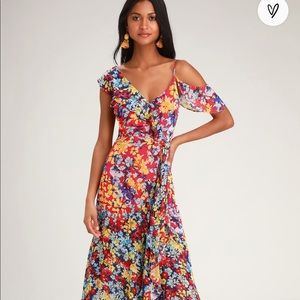 Lulus Ruby Red Floral Chiffon Maxi Dress